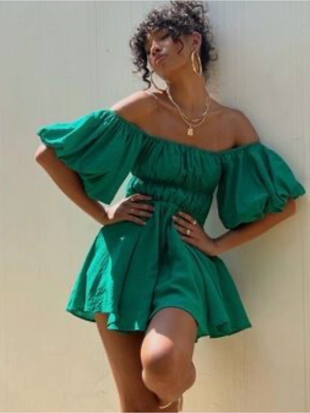Princess Polly Emerald Green Off-Shoulder Puff Sleeve Mini Dress Size S